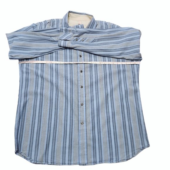 Transcript Blue Striped Button Up Cool Shirt Rough Edge Trim Back & Hem Size XL - Picture 11 of 16